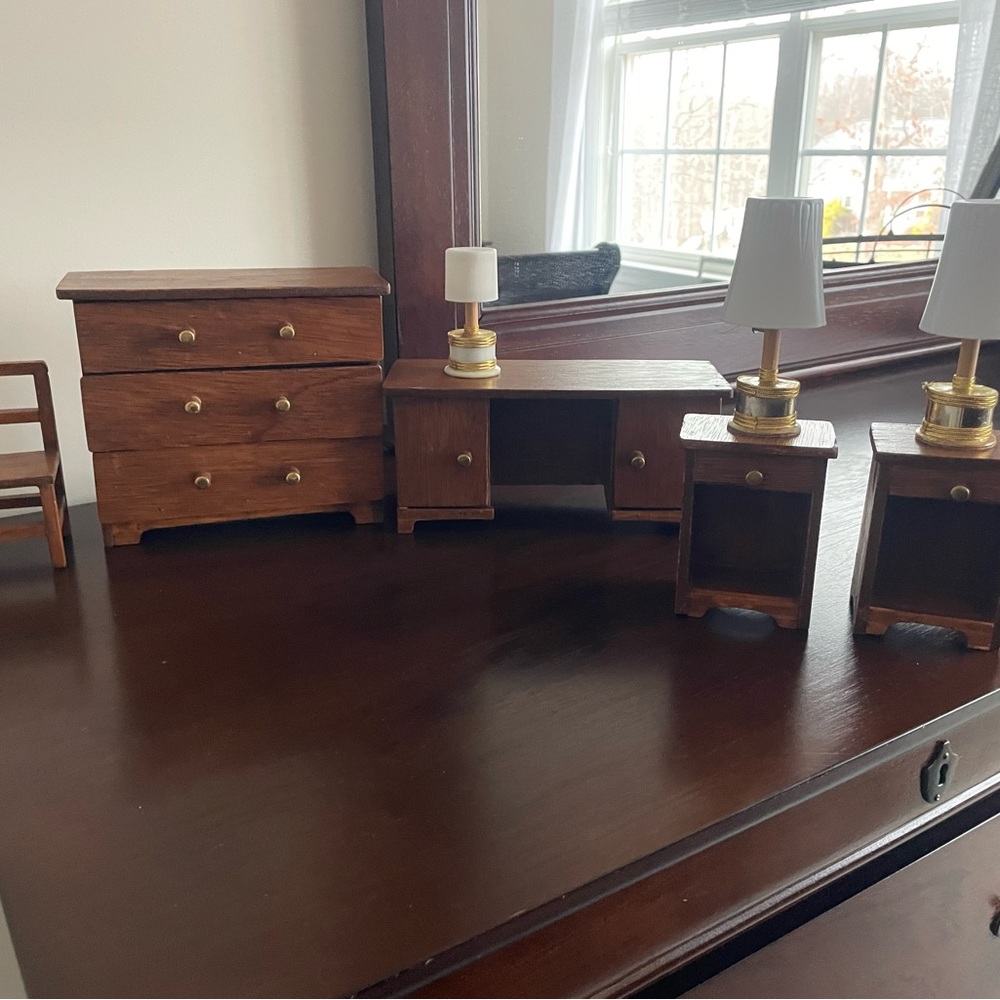 Vintage Wooden dollhouse Dresser, Desk and Nightstands Set with Lamp